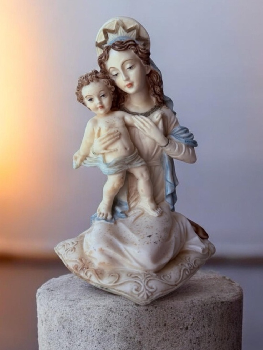 Cream and Light Blue Madonna and Child Home Statue